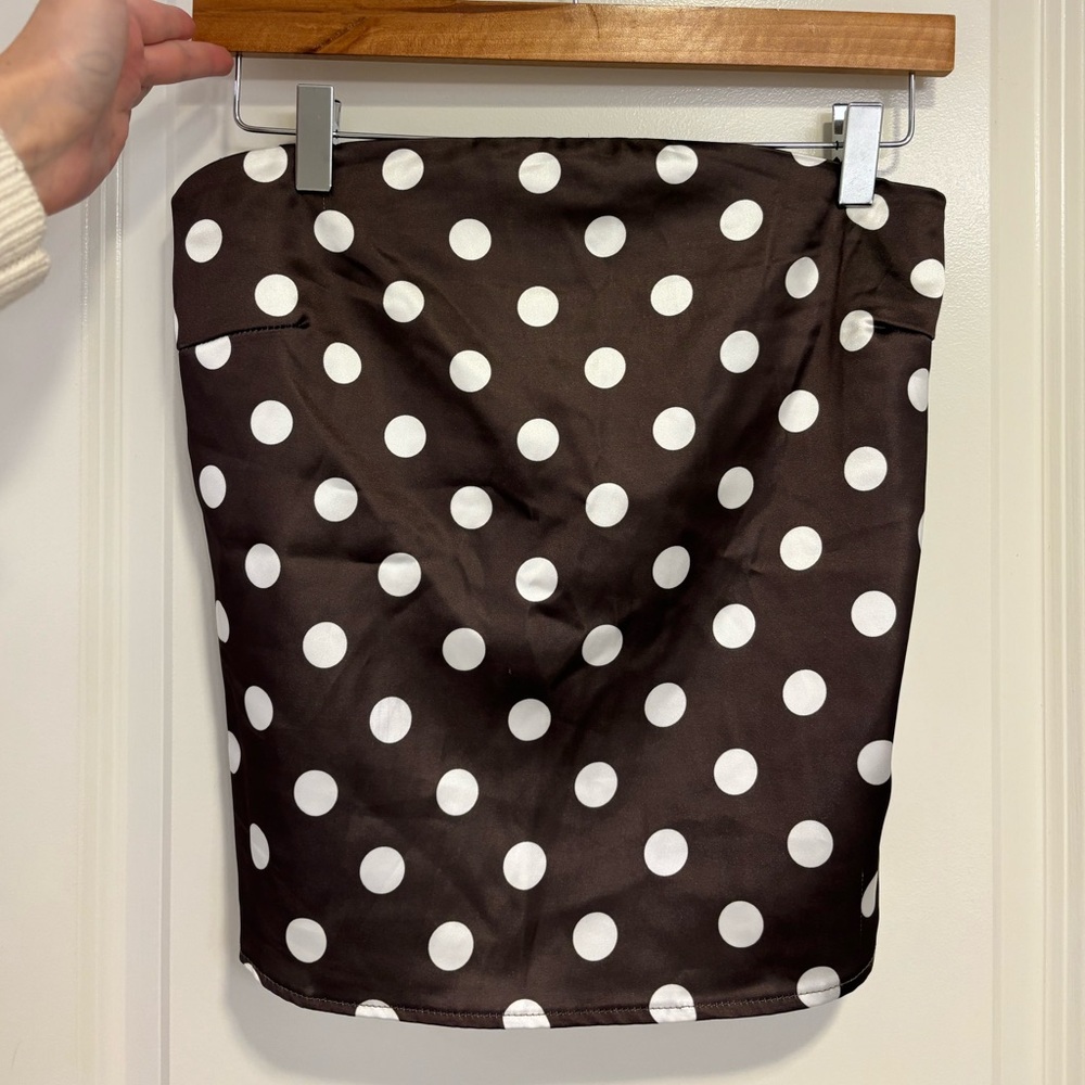 Chocolate Brown Satin Polka Dot Strapless Top